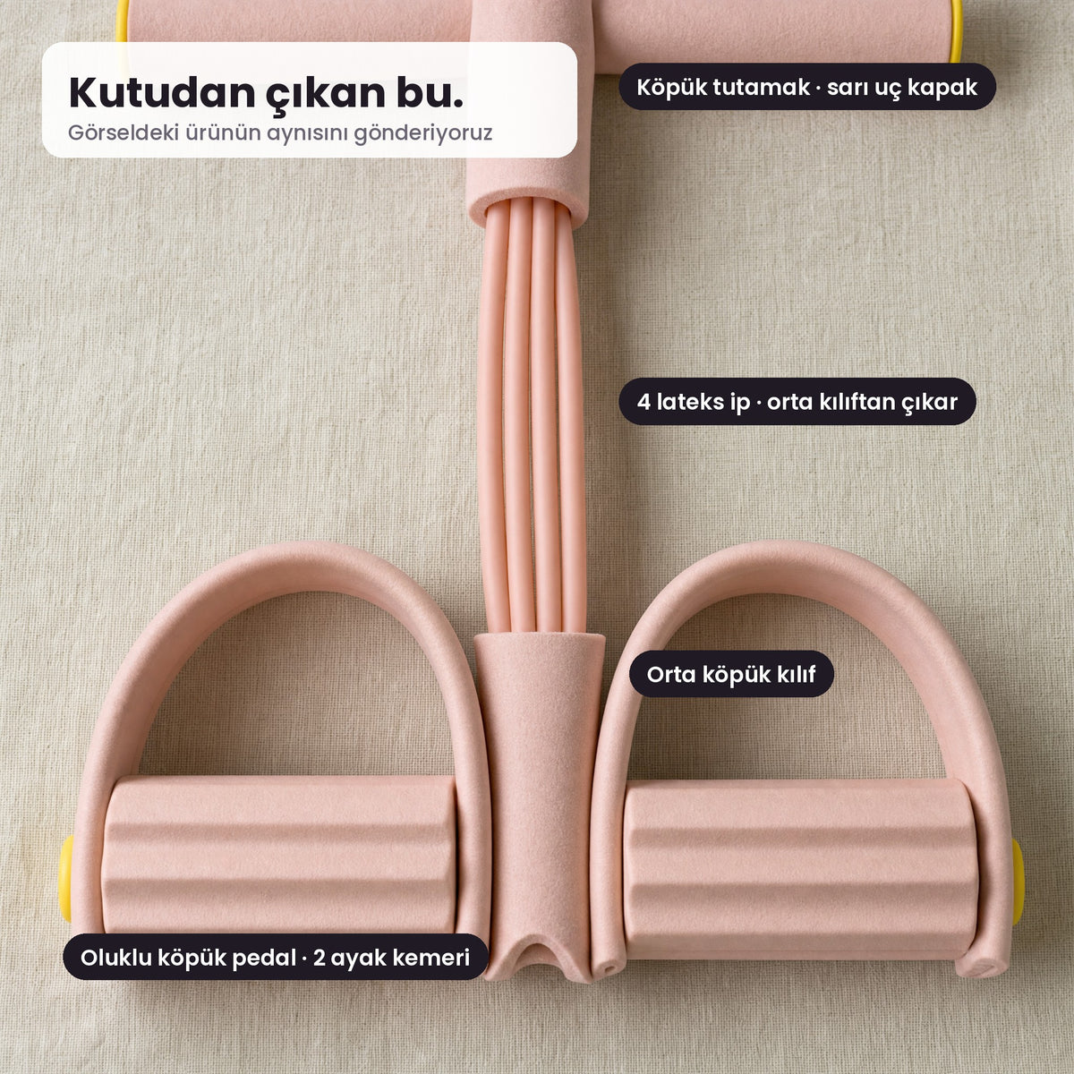 Ürün detayı: köpük tutamak, 4 lateks ip, orta köpük kılıf, oluklu köpük pedal ve 2 ayak kemeri