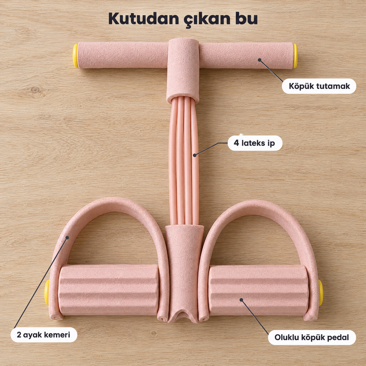 Kutudan çıkan bu: 4 lateks ip, köpük tutamak, oluklu köpük pedal, 2 ayak kemeri