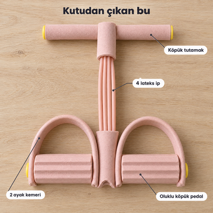 Kutudan çıkan bu: 4 lateks ip, köpük tutamak, oluklu köpük pedal, 2 ayak kemeri