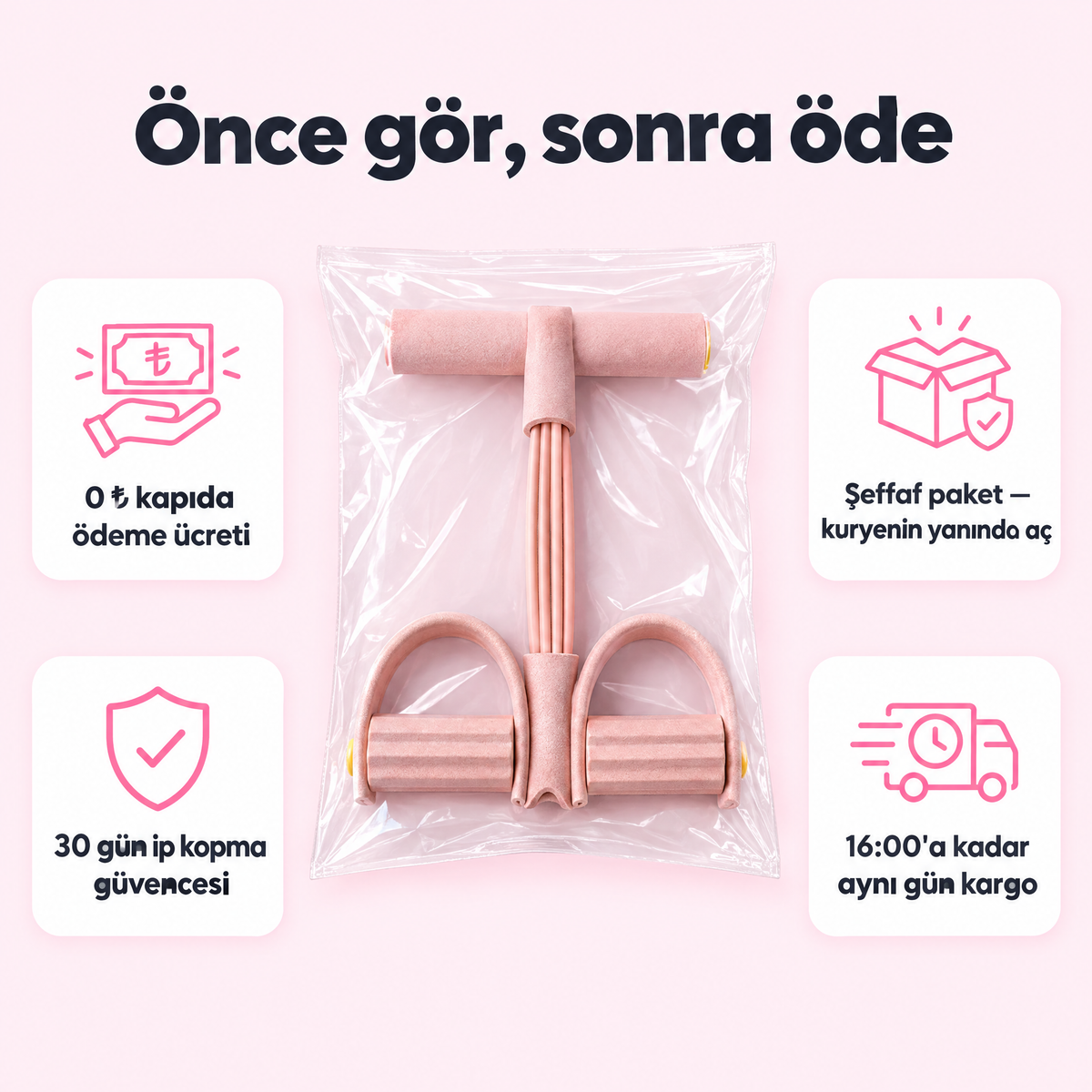 Önce gör, sonra öde: 0 ₺ kapıda ödeme ücreti, şeffaf paket, 30 gün ip kopma güvencesi, 16:00'a kadar aynı gün kargo